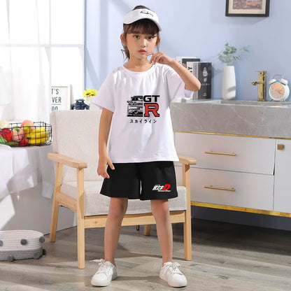 Kids Summer 2pcs Short Sleeve T-shirts+pants Suits 3-12 Years Boys Girls Casual Outfits Children Japanese Manga Racing Clothes