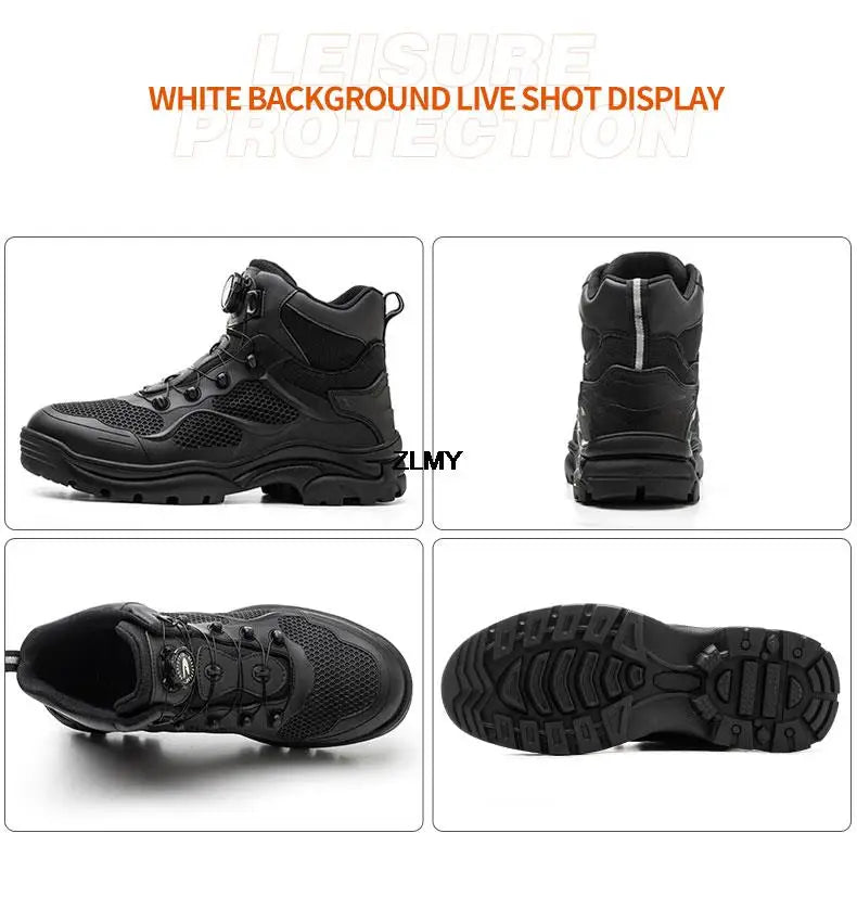 Construction Work Boots Men Steel Toe Safety Shoes Rotated Button Anti-smash Puncture Proof Sneakers Man High Top Security Boot
