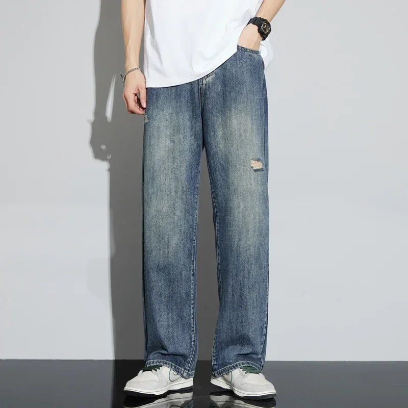 Korea Baggy Cargo Jeans Men Vintage Straight Ripped Y2k Pants Fashion Frayed High Street Distressed Denim Trousers Male Clothes