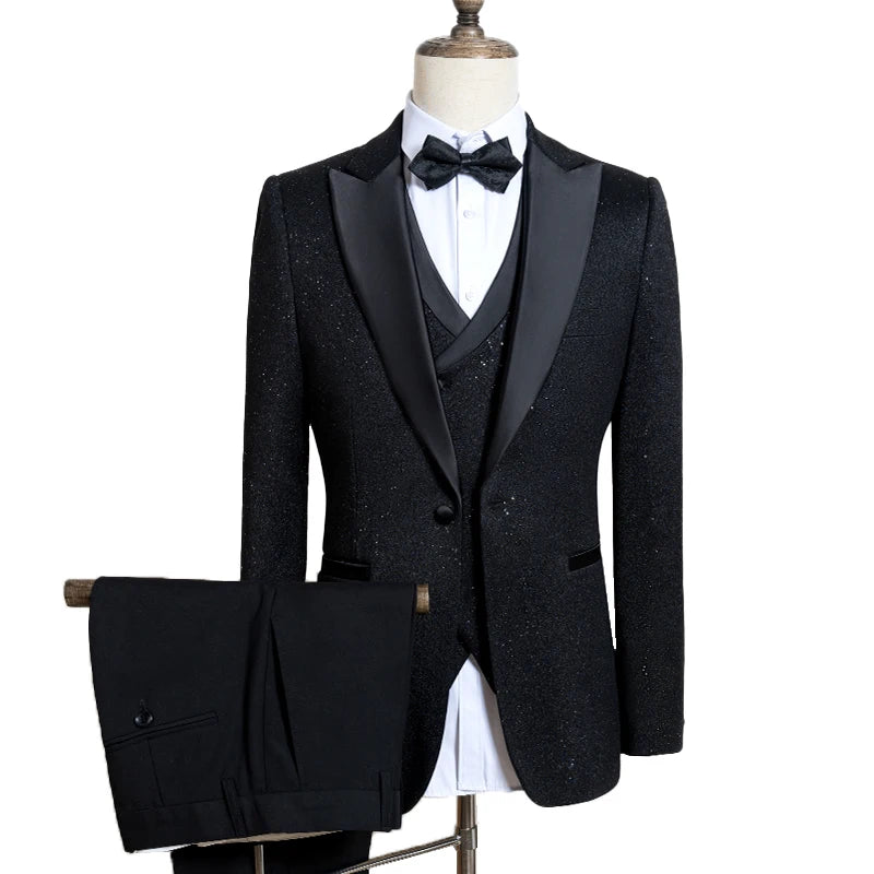 Ternos masculinos de luxo de alta qualidade 3 peças com detalhes de strass Vestido de Noiva Brilhante terno de diamante flash smoking terno de jantar