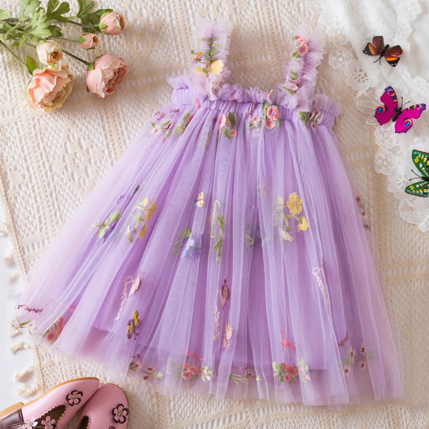 Outdoor Summer Cute Princess Dress Toddler Baby Girls Embroidery Flower Suspender Mesh Dresses Birthday Party Princess Dresses