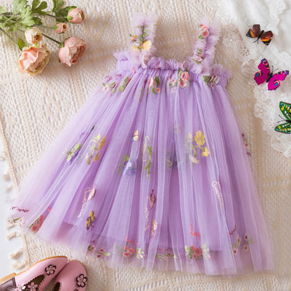 Outdoor Summer Cute Princess Dress Toddler Baby Girls Embroidery Flower Suspender Mesh Dresses Birthday Party Princess Dresses