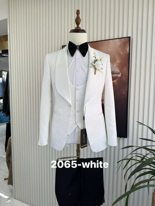 White Jacquard Suit Set For Man, Blazer Vest Pants Three Pieces Tuxedo, Shawl Lapel, Elegant Handsome Groom Wear, In Stock