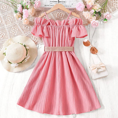 Girls Casual Dresses One-line Shoulder Strap Patchwork Lace Dress Kids Clothes Girls 8 To 12 Years Princess Dress for Girls