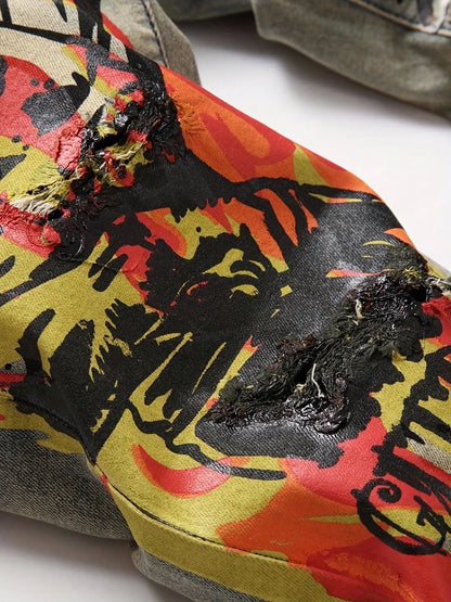 Calça jeans feminina estampada com buracos e lavagem vintage, nova tendência da moda europeia e americana