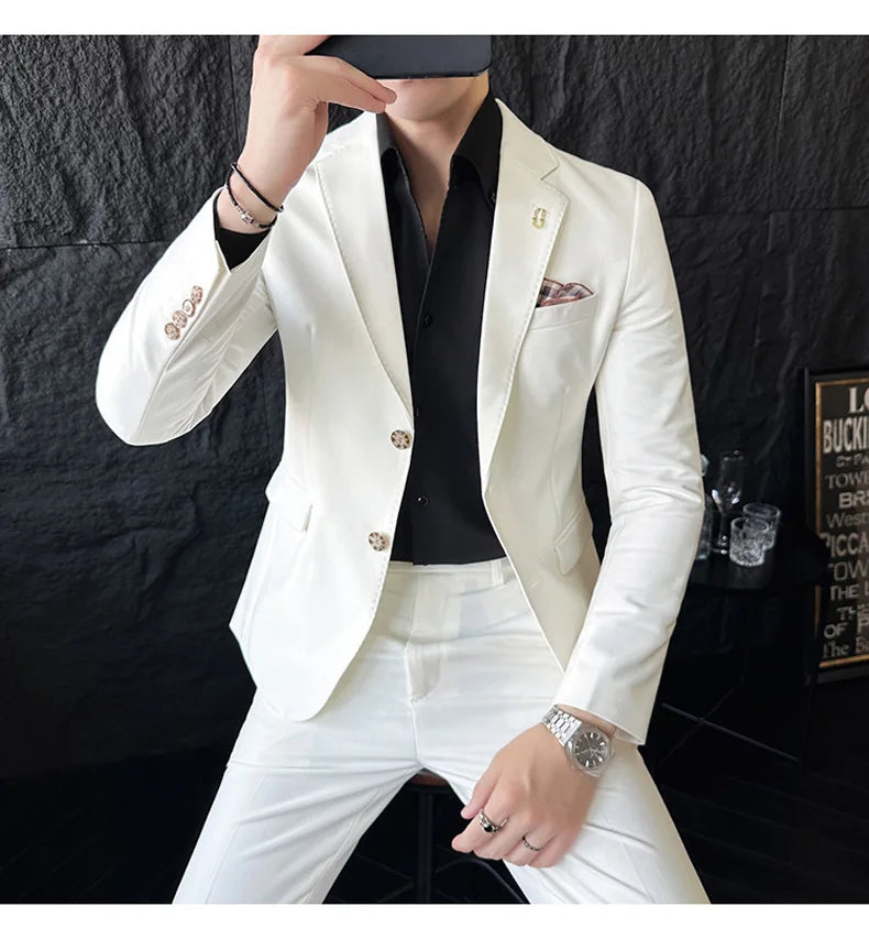 Men's Korean Style Slim Fit Suit Set, High Quality Fabric Solid Color Edge Pressing for Wedding Business