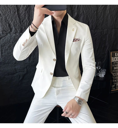 Men's Korean Style Slim Fit Suit Set, High Quality Fabric Solid Color Edge Pressing for Wedding Business