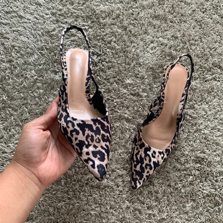 Woman Leopard Print High Heels Women Sandals Summer Fashion Pointed Toe Low-heel Pumps Slingbacks Elegant Female Heeled Shoes