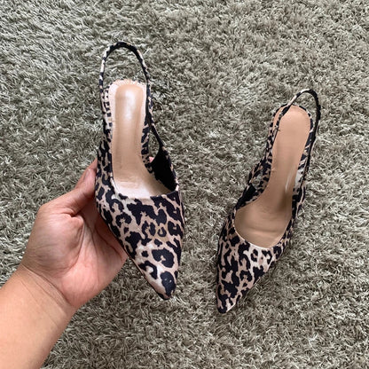 Woman Leopard Print High Heels Women Sandals Summer Fashion Pointed Toe Low-heel Pumps Slingbacks Elegant Female Heeled Shoes