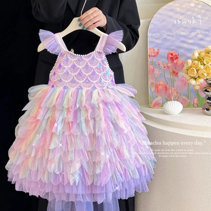 Vestido de Princesa Sereia Vestido de Verão para Meninas Vestido de Aniversário com Alças de Luxo para Meninas Lolita Pongsa