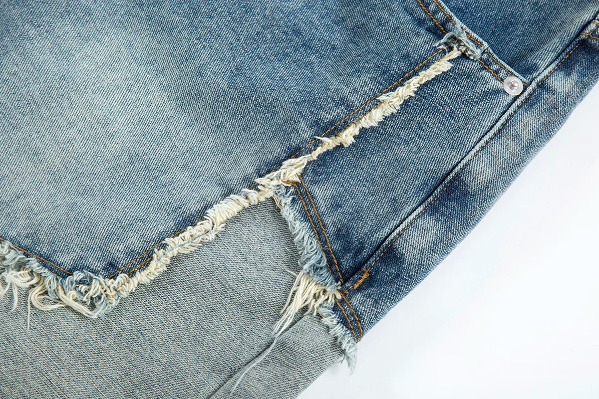 High Street Washed Stars Patchwork Baggy Jeans Shorts for Men Wide Leg Straight Casual Denim Five Point Pants Oversized