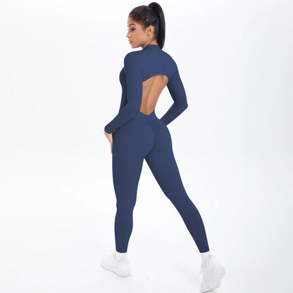 Solid Color Bodysuits for Woman's Backless Long Sleeved Zipper Yoga Jumpsuits High Dtrength Workout Sports Fitness Clothing Set