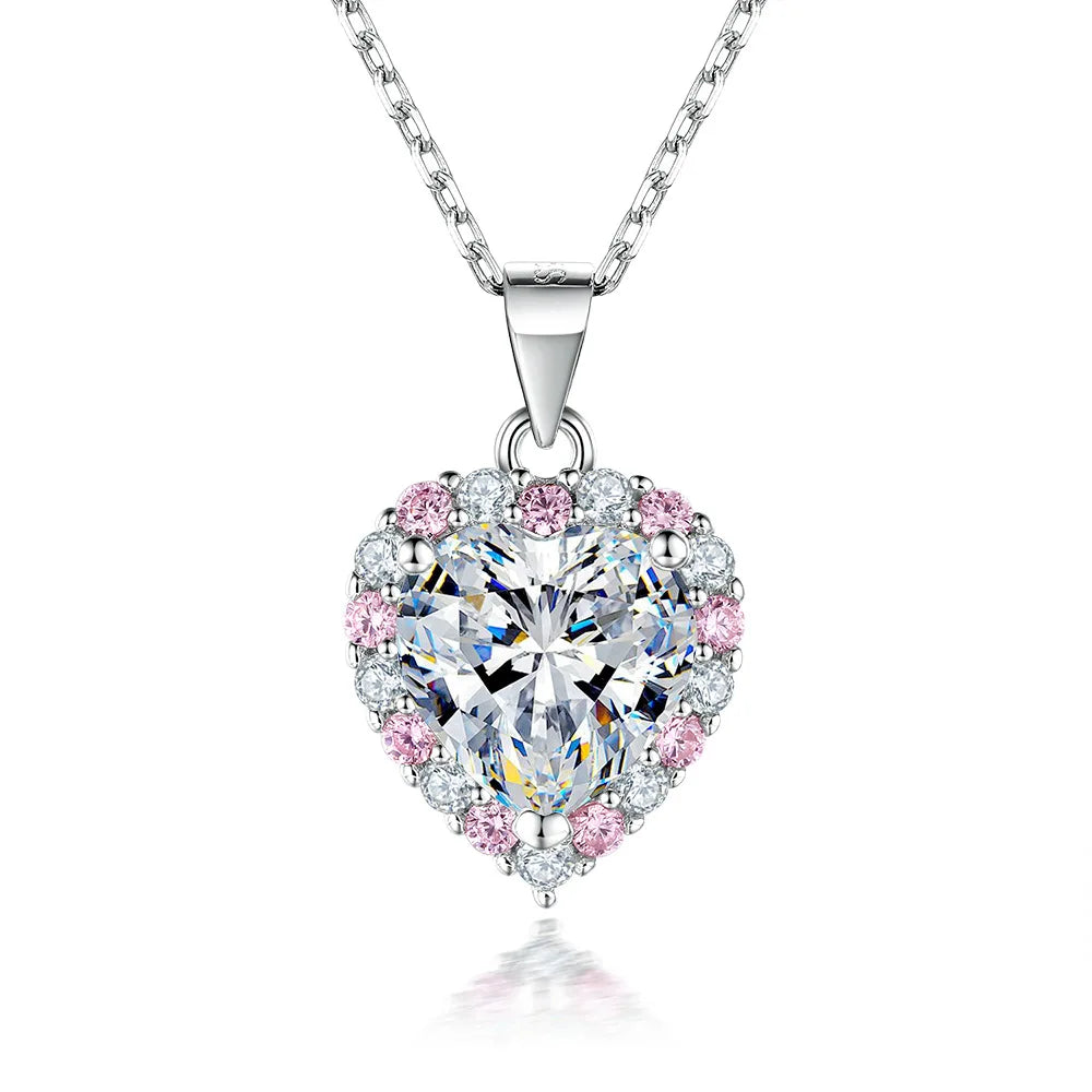 Pink Heart Moissanite Necklace Earring Set 2ct with Certificate Passed Diamond Test Women Jewelry Gift S925 Silver