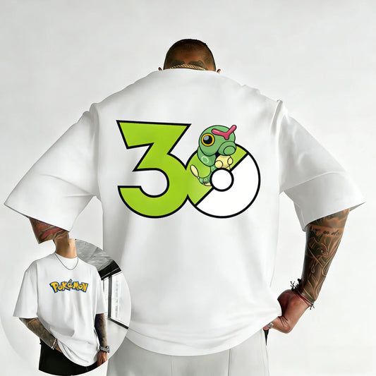 30th Anniversary Caterpie Printed T-shirt Summer New Men's and Women's Loose Casual Hip Hop Trendy Short Sleeve Top