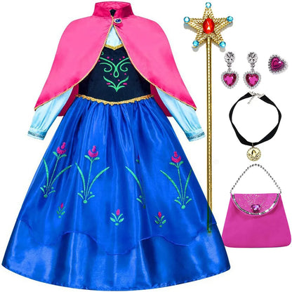 Frozen Classic Movie Princess Anna Dress With Red Cape Christmas Holiday Party Carnival Girls Gift Cosplay Anna Dress Set