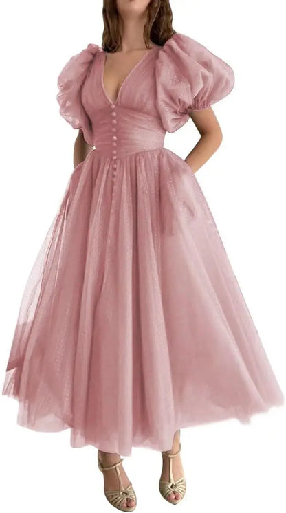 Puffy Sleeve Prom Dresses for Women Dotted Tulle V Neck Formal Evening Party Gowns Tea Length Formal Dress Women Elegant