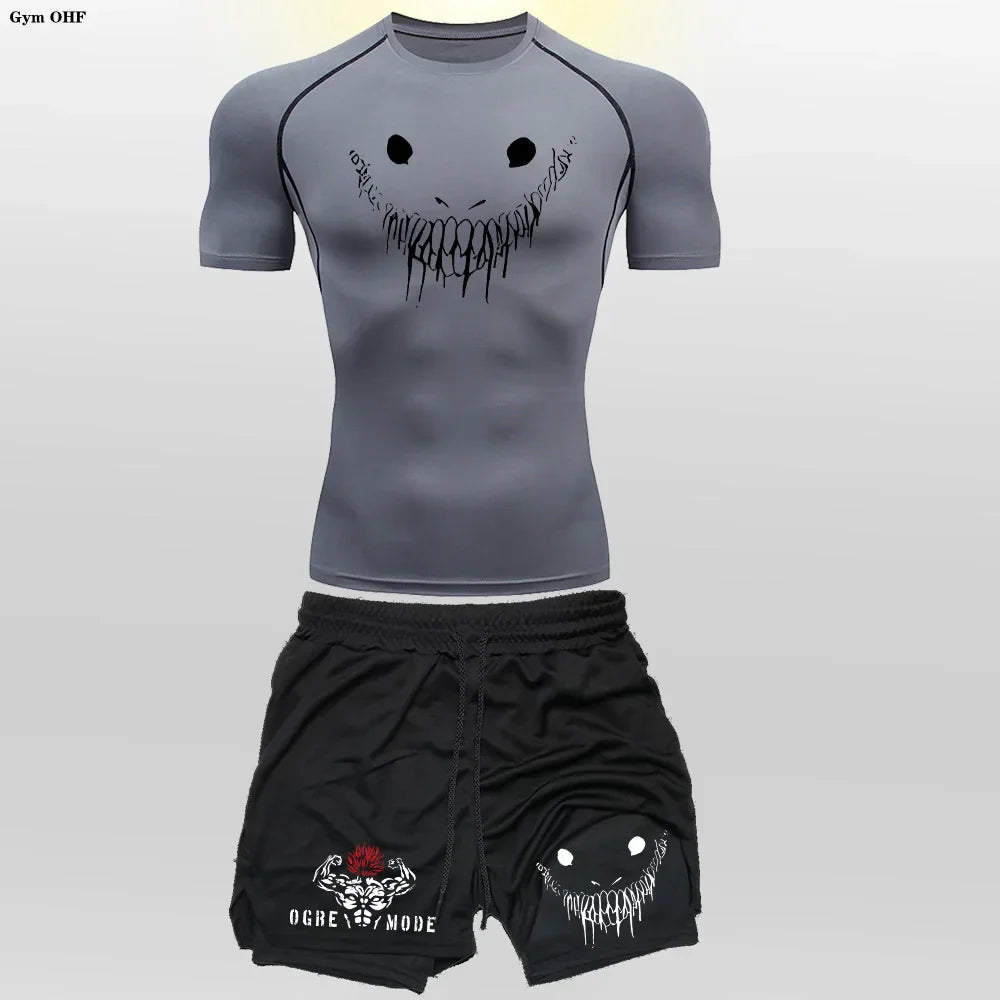 Funny Face 2 in 1 Shorts T Shirt Suits Men's Fitness Breathable Second Skin Compression Shirts Sets Gym Double Deck Shorts