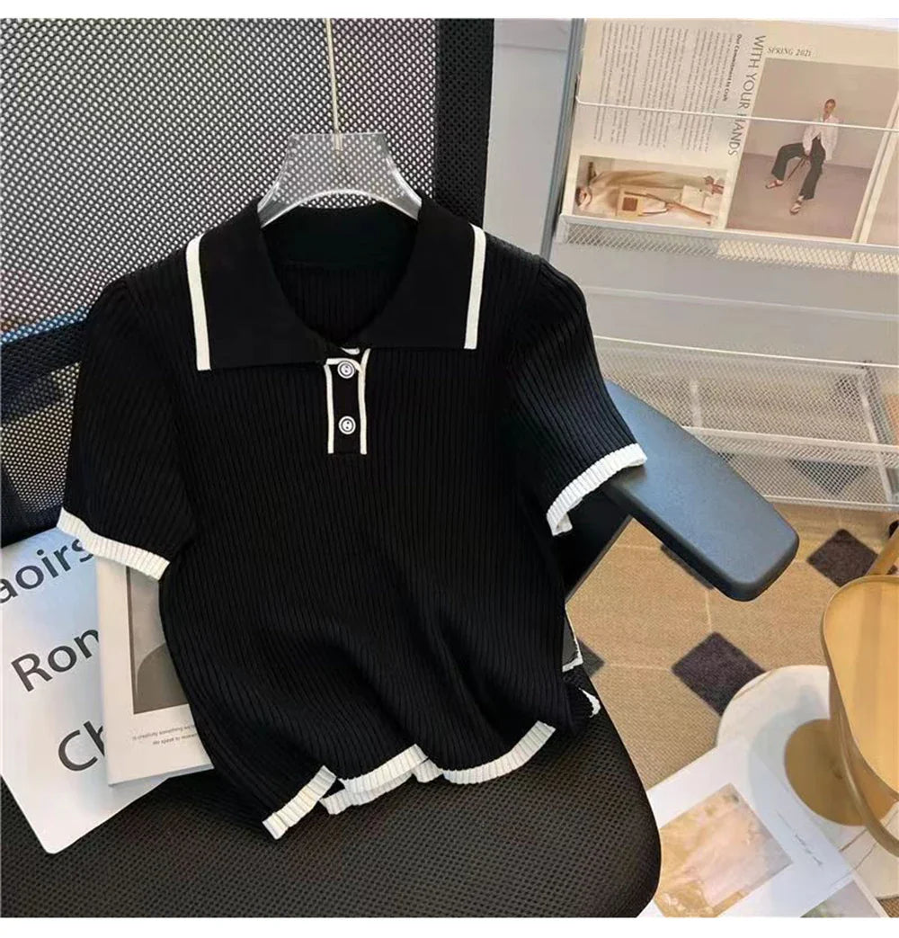 Ice silk knitted short sleeved T-shirt for women's summer 2024 new fashionable and stylish polo shirt top