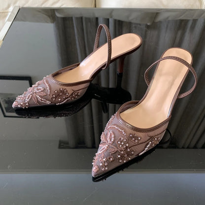 Summer Pointed Toe Mesh Embroider High Heels for ladies Elegant String Bead pumps Sexy Luxury Designer Shoe Brown Heeled Sandals