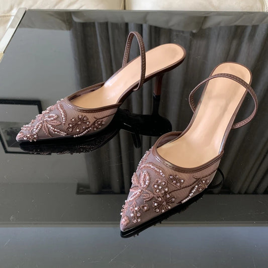 Summer Pointed Toe Mesh Embroider High Heels for ladies Elegant String Bead pumps Sexy Luxury Designer Shoe Brown Heeled Sandals