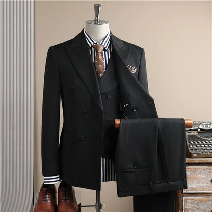 Man Outfit Turn Down Collar Long Sleeve Blazer Men Turn Down Collar Vest Straight-leg Pant Male Striped Slim 3-piece Suit Set