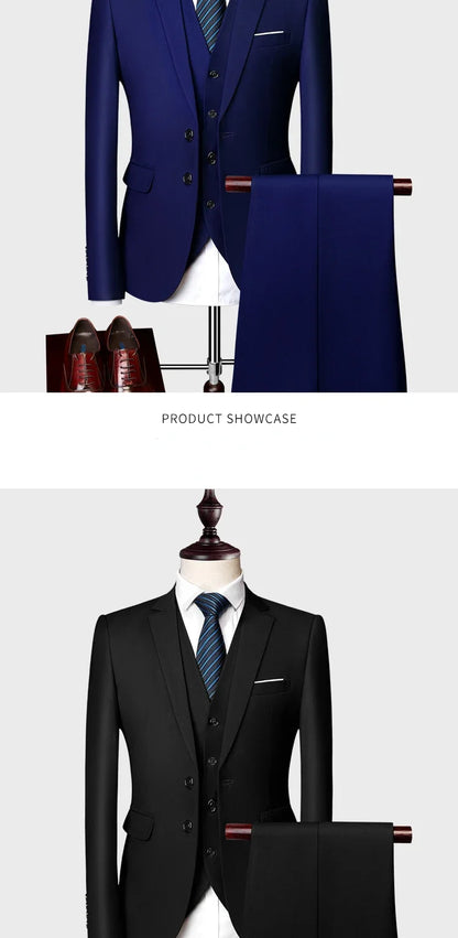 ( Jacket +Vest+ Pants ) Luxury Men's High-end Brand Solid Color Business Office Suit 3Pcs & 2Pcs Groom Wedding Party Suit Tuxedo