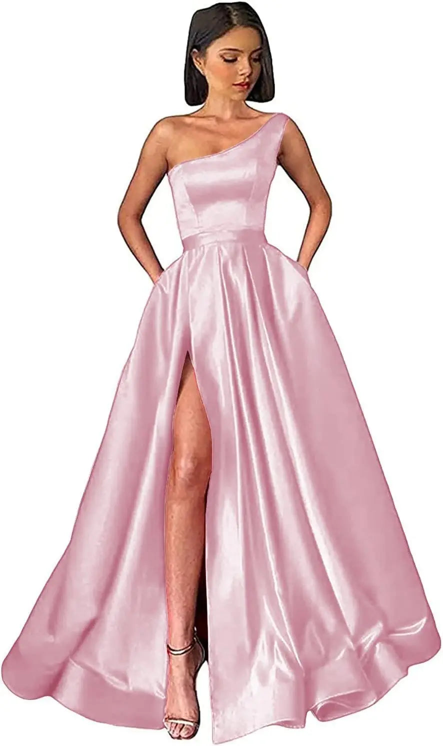 Women's One Shoulder Prom Dresses with Pocket High Slit Pleated Satin Corset Formal Gowns Evening Dress A Line Bridesmaid Gown