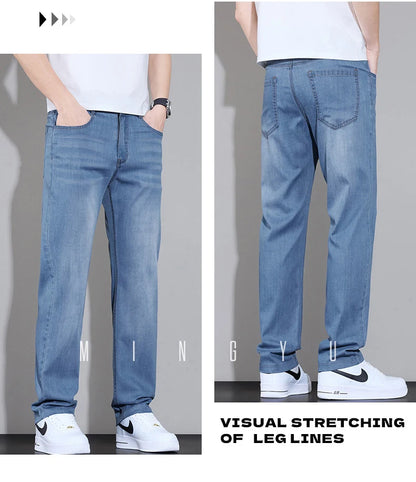 Spring Summer Brand Clothing Lyocell Fabric Men's Jeans Classic Business Straight Denim Pants Work Trousers Male Plus Size 29-40