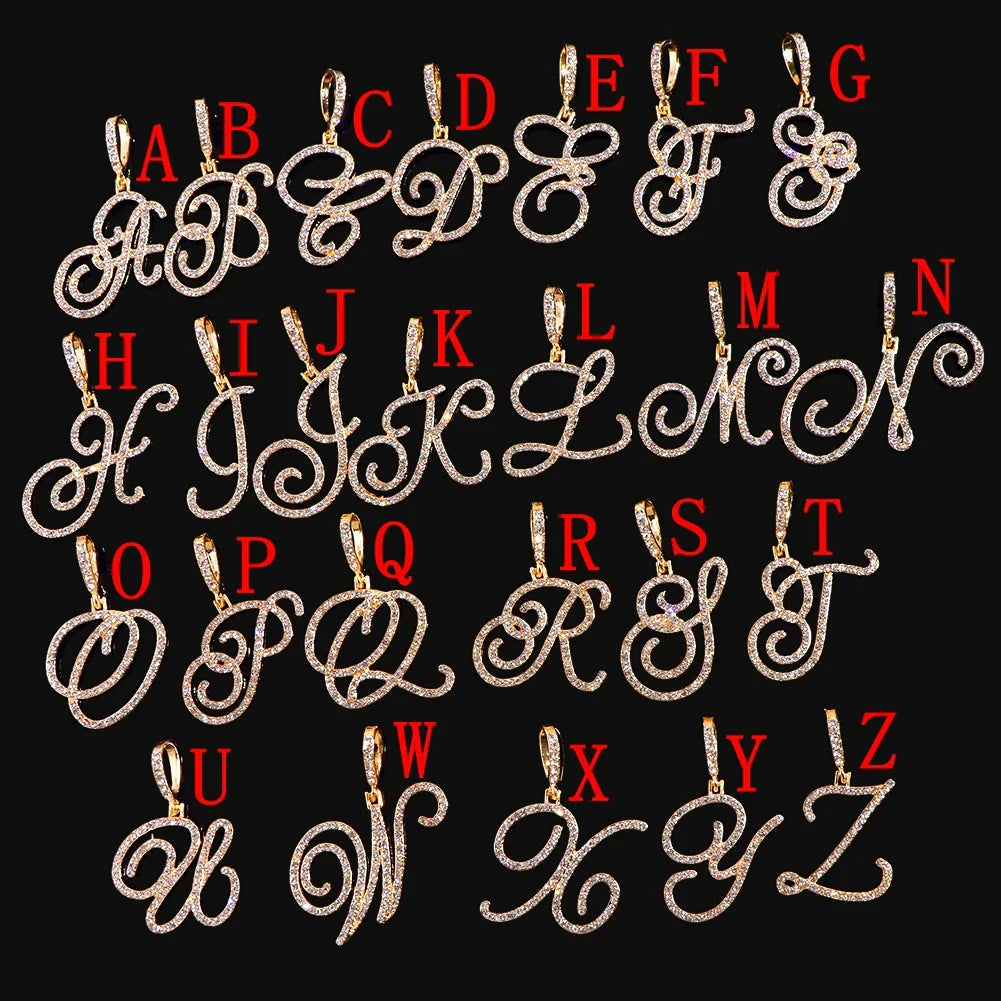 Fashion 26 Cursive Initial Letter Zircon Pendant Necklace For Women Shiny Crystal Alphabet Rope Chain Necklace Hip Hop Jewelry