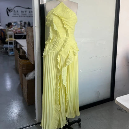 Gown Neck Strap Irregular Long Dress For Women Ruffle Sleeveless High Waist Backless Dresses 2025 New Summer Elegant Party Y2k