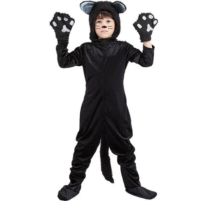 Black Cat Cosplay Children's Costume Cute Kitten Animal Onesie + Gloves + Hat Suit Suitable for Stage Show Halloween Party