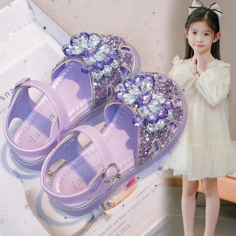 Girls Crystal Slip-On Shoes Soft Bottom Rhinestone Princess Flats Spring Autumn New Style Kids Lightweight Sweet Leather Shoes
