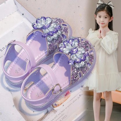 Girls Crystal Slip-On Shoes Soft Bottom Rhinestone Princess Flats Spring Autumn New Style Kids Lightweight Sweet Leather Shoes