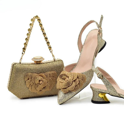 Fashion Nigerian Women Shoes and Bag Set Decorated with Rhinestone in Italy African Party Italian Shoe and Bag Luxury Pumps