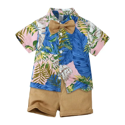 Toddler Baby Boys Sets Summer Hawaiian Outfit Infant Kids Floral Print Short Sleeve Shirt Bowtie Shirt+Shorts Gentleman Suits