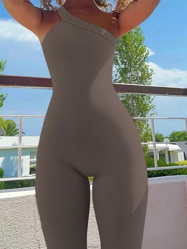 Women Yoga Jumpsuits Workout Ribbed One Shoulder One Piece Sport Jumpsuits Solid Sleeveless Hip Lifting Fitness Jumpsuits