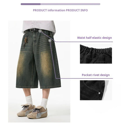2025 Summer Men's Wide Leg Jeans Shorts Vintage Distressed Wash Y2K Straight Elastic Waist Loose Casual Relaxed Fit