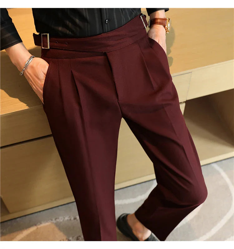 Luxury Men's Slim High-Rise Dress Pants - Heavyweight Subtle Stripe with 3D Pleats & Naples Tailoring