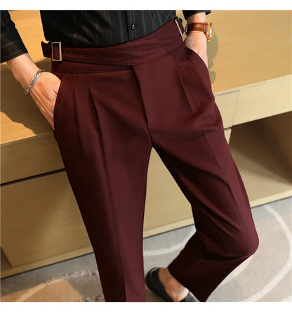Luxury Men's Slim High-Rise Dress Pants - Heavyweight Subtle Stripe with 3D Pleats & Naples Tailoring