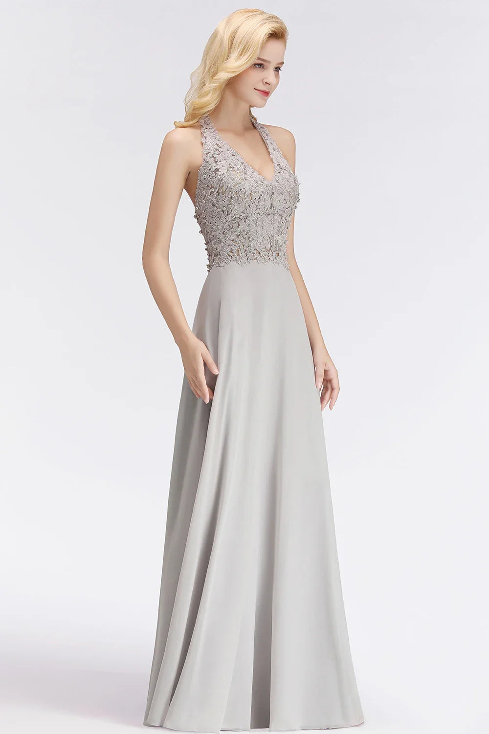 Vestido de Madrinha com Gola Halter Renda Pérolas Corpete Saia Longa até o Chão Chiffon Sexy Costas Abertas Roupa de Casamento
