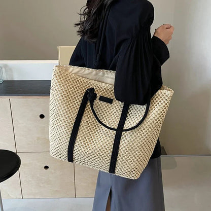 Bolsa Sacola de Palha Tecida de Verão Bolsa de Ombro Feminina Casual de Praia para Férias Bolsas Femininas de Grande Capacidade Cor Sólida