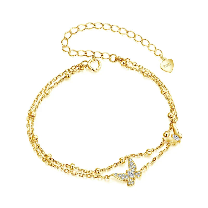 Double-Layer Butterfly Bracelet 925 Sterling Silver Adjustable CZ Layered Beads Wrist Chain Dainty Party Gift for Women