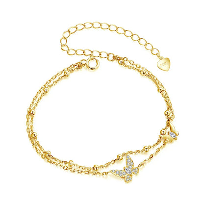 Double-Layer Butterfly Bracelet 925 Sterling Silver Adjustable CZ Layered Beads Wrist Chain Dainty Party Gift for Women