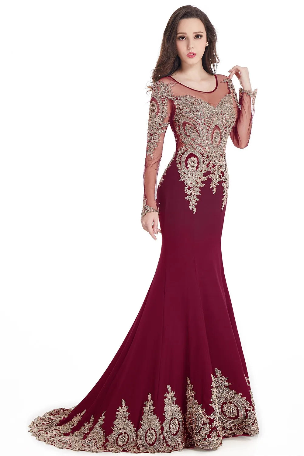 Prom Dresses Women Beading Long Sleeve Backless Elegant Lace Applique Formal Evening Party Gown For Bride Robe De Soirée