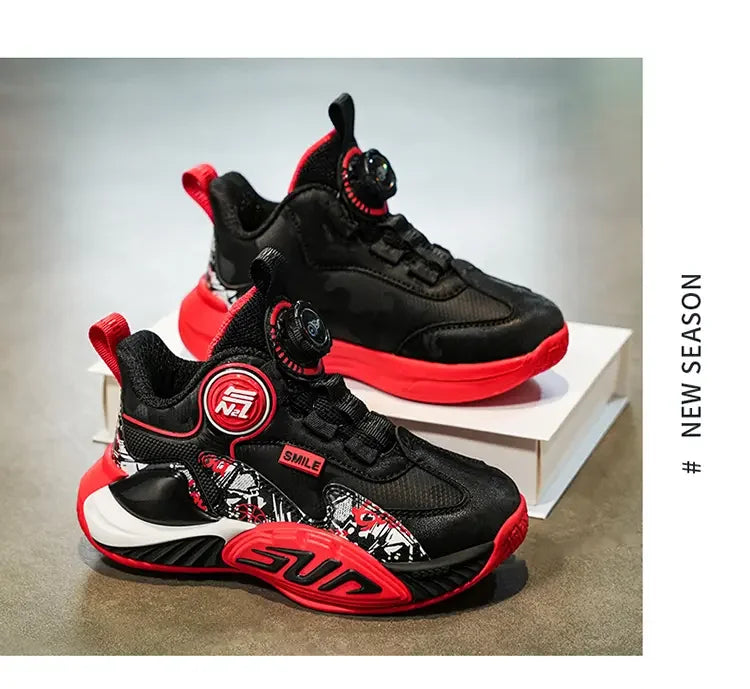 Leather Upper Children Basketball Shoes Rotatory Button Shock Absorbing Boys Shoes