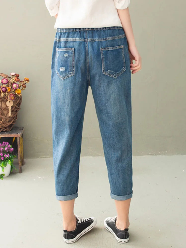 Summer Women Vintage Floral Loose Denim Pants Chinese Style Casual Ripped Blue Jeans Holes Elastic Harem Trousers