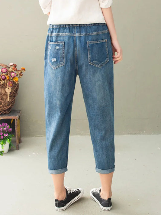 Summer Women Vintage Floral Loose Denim Pants Chinese Style Casual Ripped Blue Jeans Holes Elastic Harem Trousers