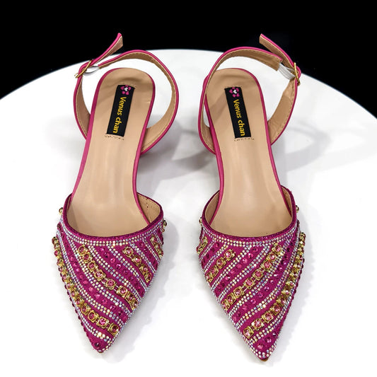 Shiny Italian Fashion Pointed Toe Women Heel Fashion Rhinestone Decoration Fuchsia Color Shoes And Bag Set