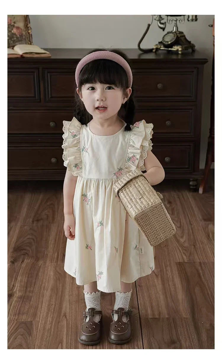 Summer Girls Dress Children's Clothing Bow Embroidered Flower Collar Girl's Dress Cartoon Printed Flying Sleeves Princess Dress