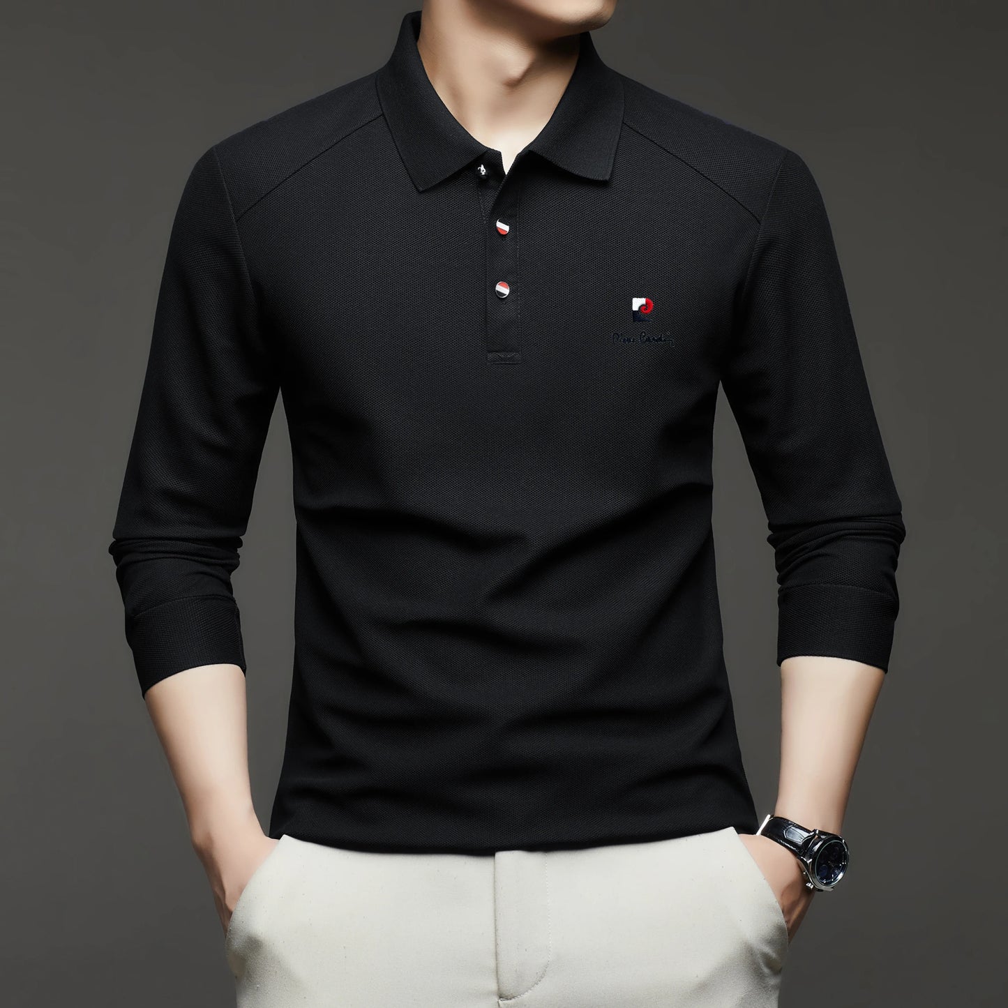 Original Design Men's Polo Shirt Lapel Long Sleeve T-Shirt Autumn New Solid Exquisite Letter Embroider Business Smart Menswear